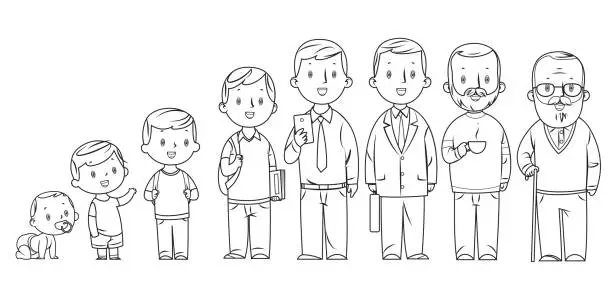 Vector illustration of Black And White, character of a man in different ages. The life cycle.