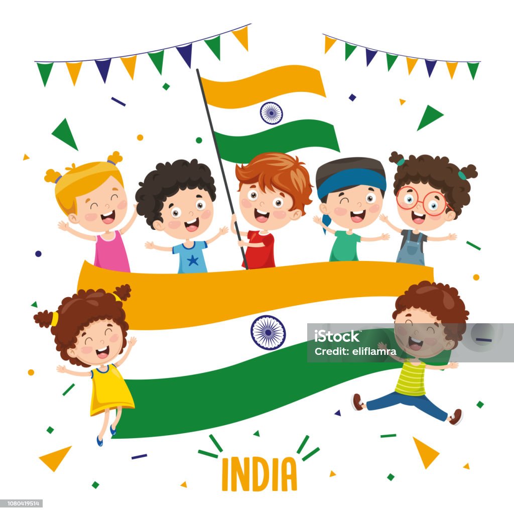 Vector Illustration Of Children Holding India Flag Child stock vector