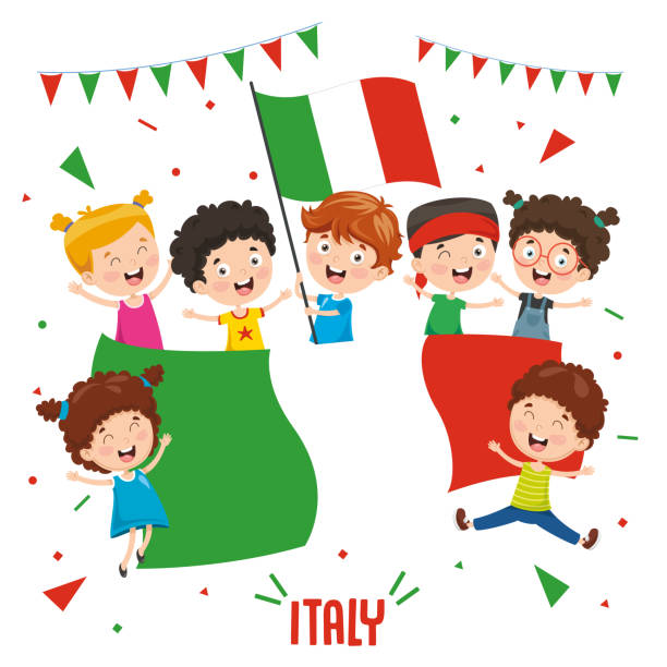 векторная иллюстрация детей, держащих флаг италии - world cup stock illustrations