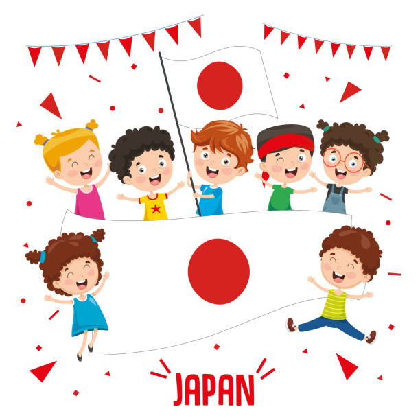 векторная иллюстрация детей, держащих флаг японии - world cup stock illustrations
