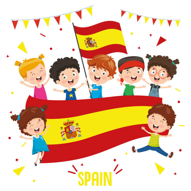 istock Vector Illustration Of Children Holding Spain Flag 1080423338