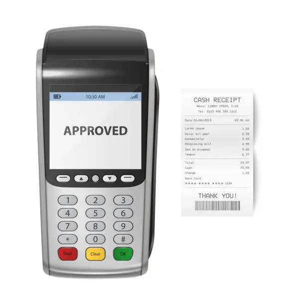 Vector illustration of Vector Realistic Silver 3d Payment Machine. POS Terminal with Receipt Closeup Isolated on White Background. Design Template of Bank Payment Terminal, Mockup. Processing NFC payments device. Top View