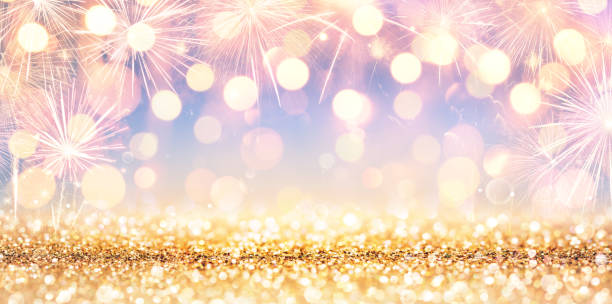 istock Shiny Golden Glitter With Fireworks And Lights 1080429652