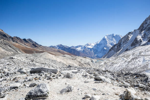 Crossing Larkya La Pass on the Manaslu circuit in Nepal stock photo