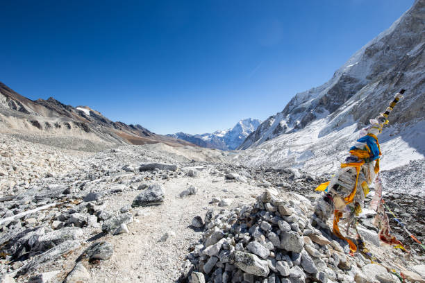 Crossing Larkya La Pass on the Manaslu circuit in Nepal stock photo