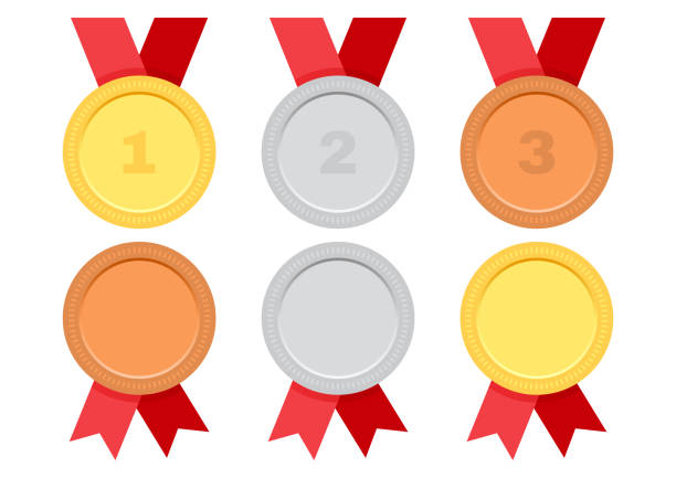 赤いリボンが付いた賞メダルのセット。金、銀、青銅。ベクトルイラストレーション - gold medal medal ribbon trophy点のイラスト素材／クリップアート素材／マンガ素材／アイコン素材