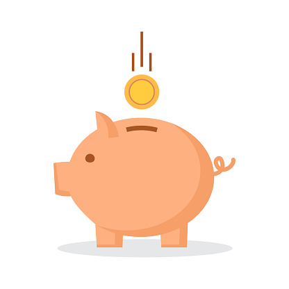 Piggy bank with coin. Symbol of New Year 2019. Vector illustration