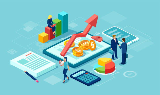 Vector of data analysis concept with team of businesspeople growing successful business Vector of data analysis concept with team of businesspeople growing successful business using modern technology gadgets tax designs stock illustrations