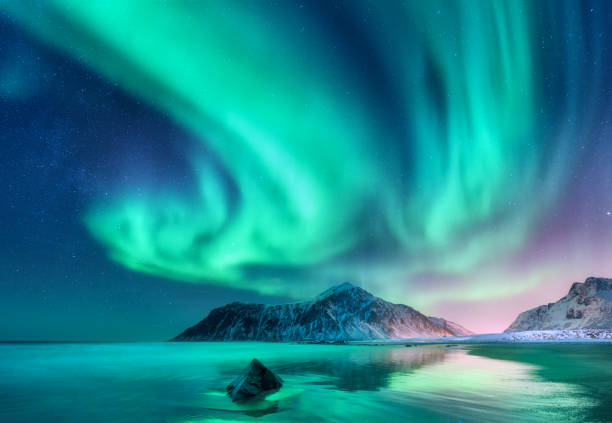 Aurora borealis. Northern lights in Lofoten islands, Norway Aurora borealis. Northern lights in Lofoten islands, Norway. Sky with polar lights and stars. Night winter landscape with aurora, sea with sky reflection, stones, sandy beach and snowy mountains norway aurora borealis aurora polaris fjord stock pictures, royalty-free photos & images
