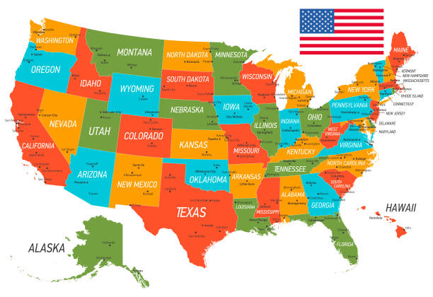 United States of America Map. Vector Map with states and national flag USA vintage map with Hawaii, Texas, Florida and California states arkansas kansas stock illustrations