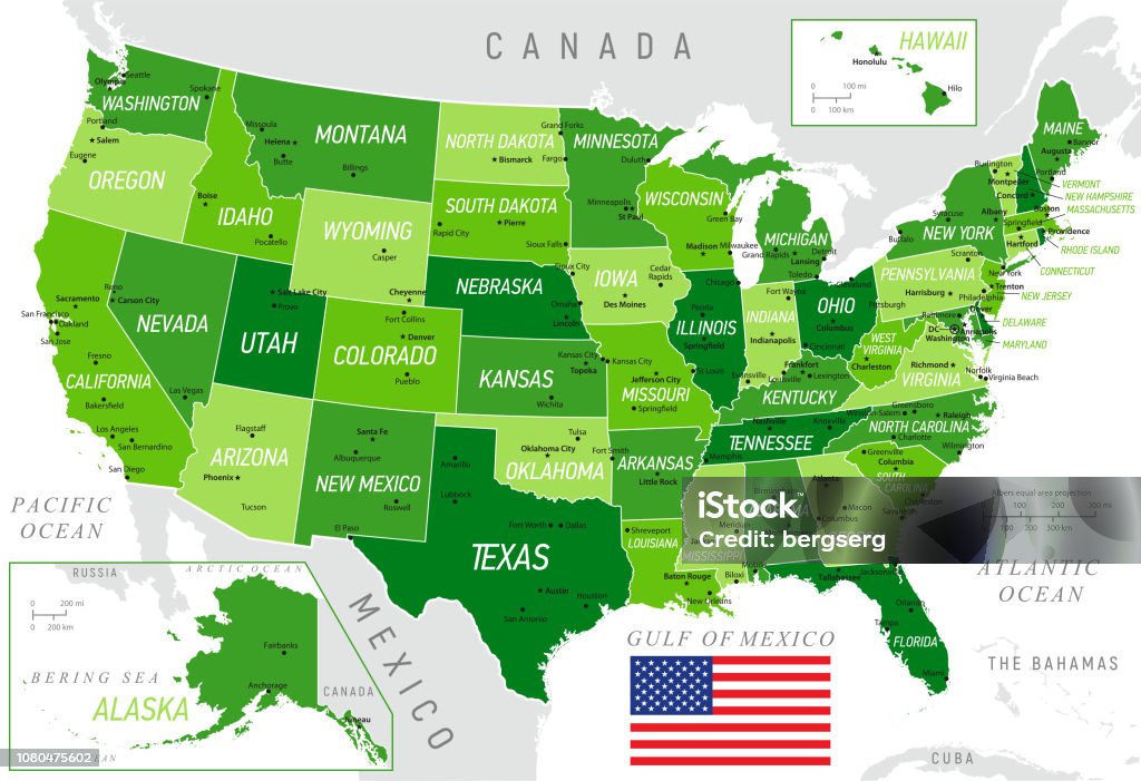 USA Green Map with National Flag, states and borders High detailed vector map of USA with borders, states and cities. Illustration contains USA national flag 2019 stock vector