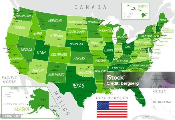 Usa Green Map With National Flag States And Borders Stock Illustration - Download Image Now