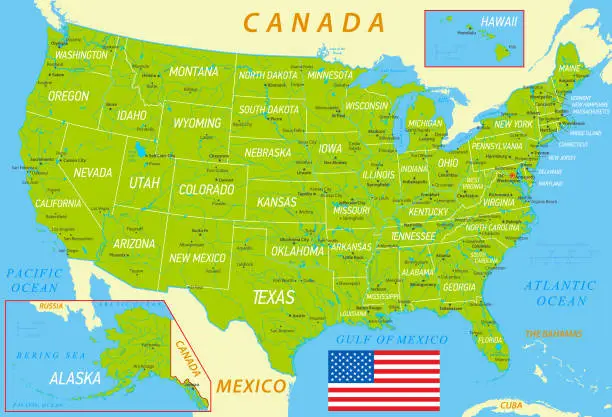 Vector illustration of USA Green Map with National Flag, states and rivers
