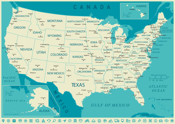 USA High detailed Map. Vector Illustration USA vintage map with Hawaii, Texas, Florida and California states arkansas kansas stock illustrations