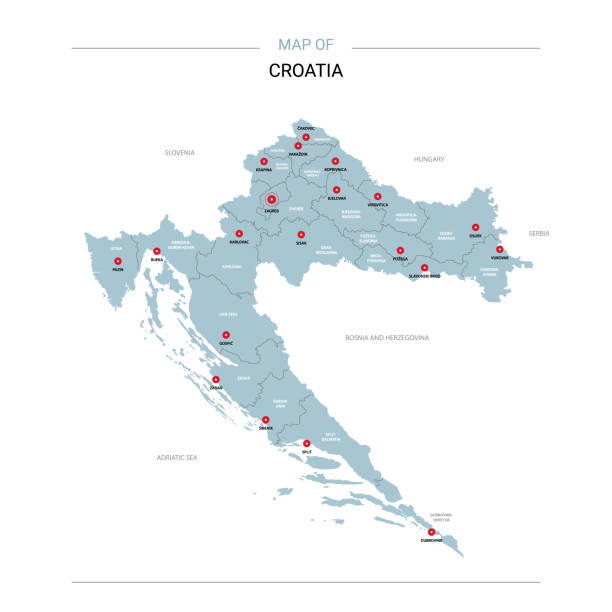 illustrazioni stock, clip art, cartoni animati e icone di tendenza di vettore mappa croazia con perno rosso. - croazia