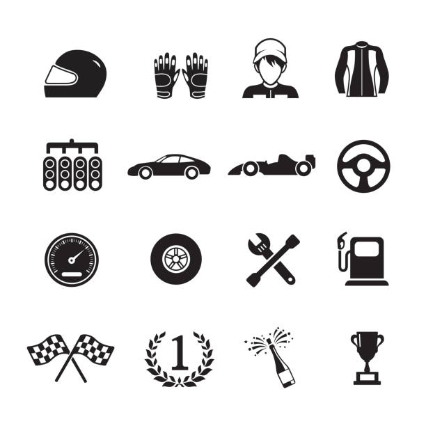 Car racing icons Car racing icons,Set of 16 editable filled, Simple clearly defined shapes in one color. auto racing stock illustrations