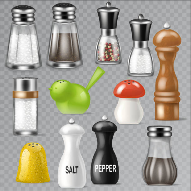 illustrazioni stock, clip art, cartoni animati e icone di tendenza di shaker di sale vector design contenitore di vetro bottiglia di pepe e legno - salt shaker salt pepper shaker pepper