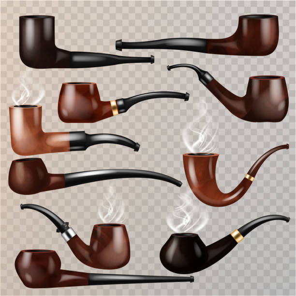 Tobacco pipe vector vintage nicotine smoker object classic retro Tobacco pipe vector vintage nicotine smoker object classic retro smoking-pipe product illustration set of realistic old smoke accessory isolated on transparent background. pipe smoking pipe stock illustrations