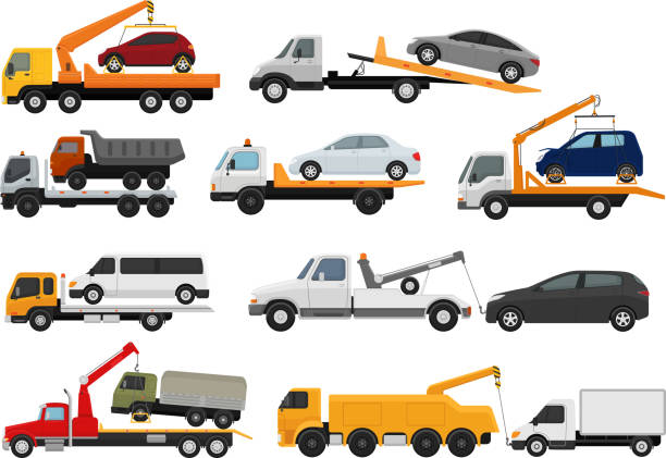 ilustraciones, imágenes clip art, dibujos animados e iconos de stock de vector de carro de remolque remolque coche camiones vehículo transporte towa - tow truck