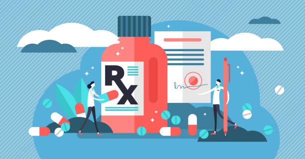 ilustrações de stock, clip art, desenhos animados e ícones de rx medical prescription drug vector illustration. flat mini persons concept - prescription doctor rx pharmacist
