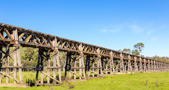 Old Wooden Rail Viaduc and Alfred Bridge across the Murrumbidgee Floodplain, Gundagai, New South