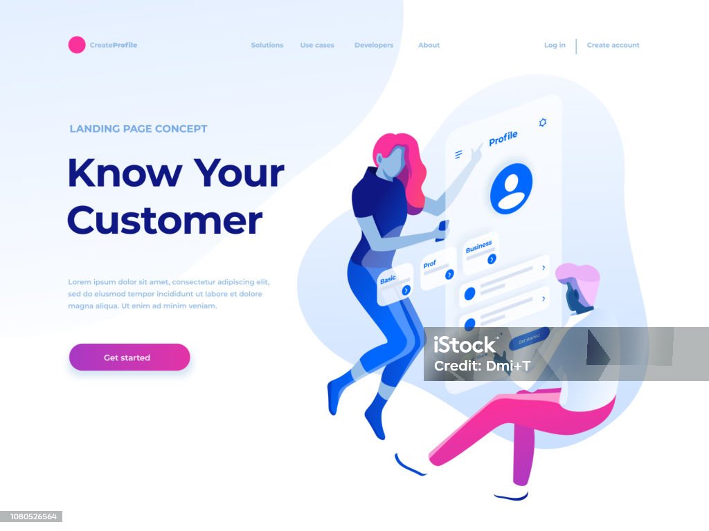 People fly and build a customer profile in a mobile application. Data analysis and office situations. Isometric vector illustration. Landing page concept. Web Design stock vector