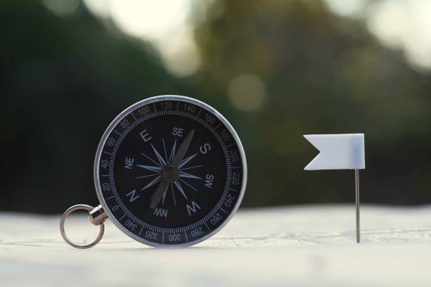 istock Compass and flag pins on blur vintage world map, journey concept, copy space 1080544220
