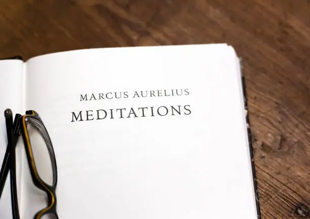 Photo of Open Book, Title Page: Marcus Aurelius Meditations