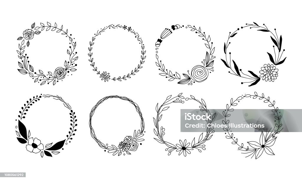 vector botanical collection of floral and herbal wreaths. isolated vector wreath with plants, branches and flowers ink sketch design. hand drawn line art set for cards, invitations, logo, diy projects linear vector botanical collection of floral and herbal wreaths. isolated vector wreath with plants, branches and flowers ink sketch design. hand drawn line art set for cards, invitations, logo, diy projects, prints and posters in line art. Flower stock vector