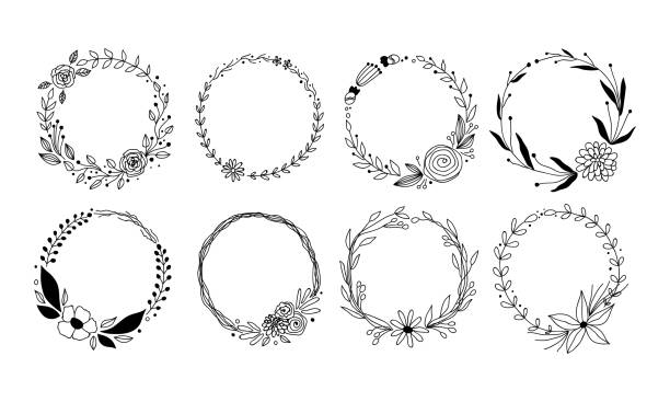 vector botanical collection of floral and herbal wreaths. isolated vector wreath with plants, branches and flowers ink sketch design. hand drawn line art set for cards, invitations, logo, diy projects linear vector botanical collection of floral and herbal wreaths. isolated vector wreath with plants, branches and flowers ink sketch design. hand drawn line art set for cards, invitations, logo, diy projects, prints and posters in line art. laurel wreath illustrations stock illustrations