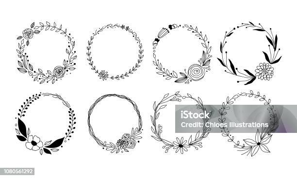 Vector Botanical Collection Of Floral And Herbal Wreaths Isolated Vector Wreath With Plants Branches And Flowers Ink Sketch Design Hand Drawn Line Art Set For Cards Invitations Logo Diy Projects Stock Illustration - Download Image Now