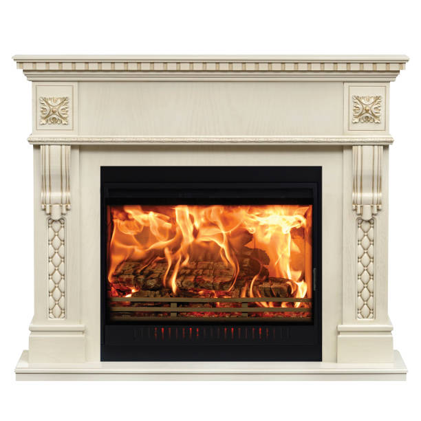 istock Burning white fireplace isolated on white background 1080563650