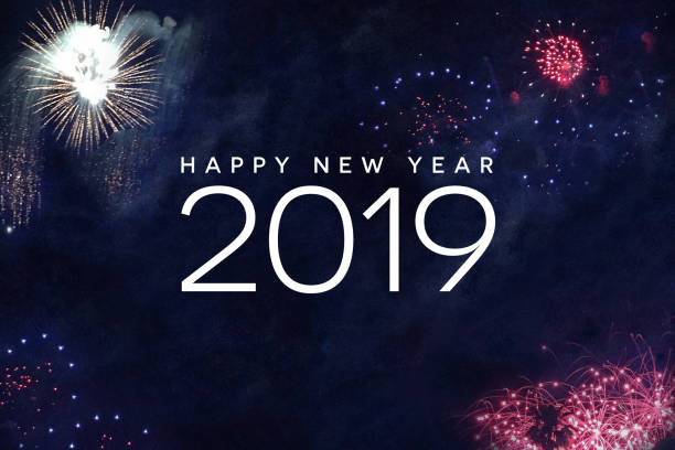 istock Happy New Year 2019 Text with Fireworks in Night Sky 1080571454