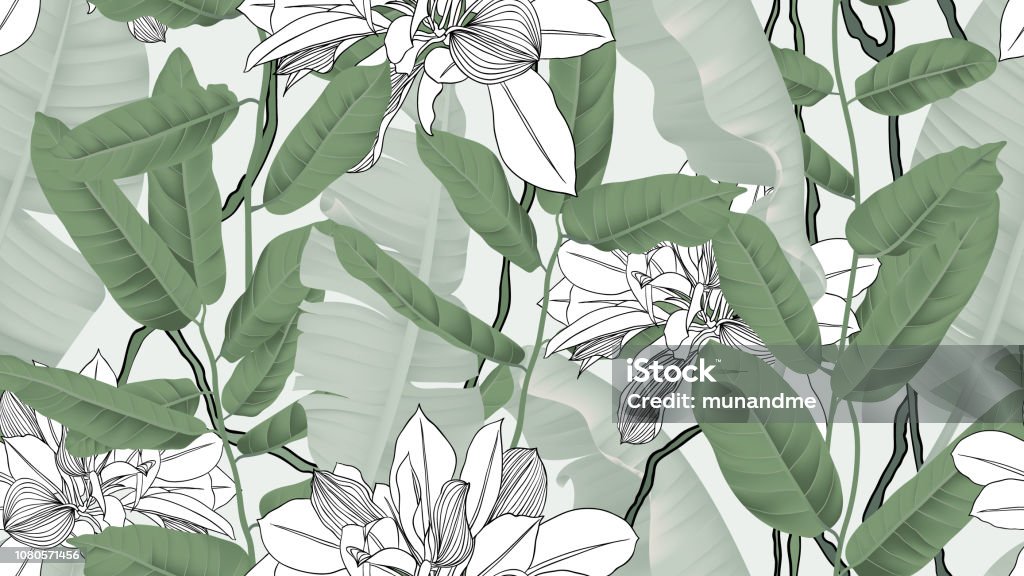 Botanical seamless pattern, banana leaves, vines and other leaves on light green background Leaf stock vector