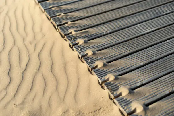 wooden walkway and sand dunes at the beach