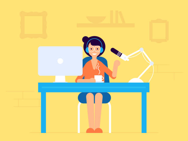 500x500-Material-Palette Podcast radio, broadcasting girl character illustration. Studio table with microphone and laptop with broadcast girl. Webcast audio record concept illustration. radio dj stock illustrations