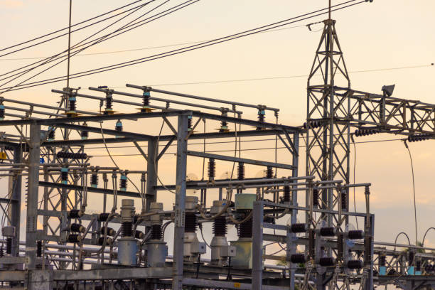 istock Electricity concept. Close up high voltage power lines station. 1080577192