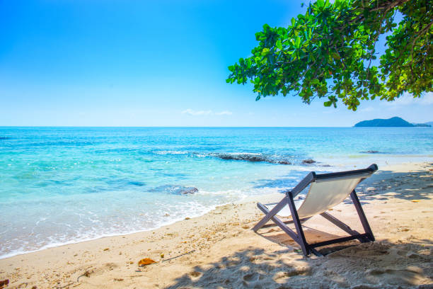 istock Beach Chair is located under the tree. 1080577830