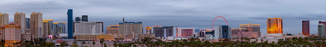 Evening shot of Las Vegas hotels and casinos with palm trees in the foreground
