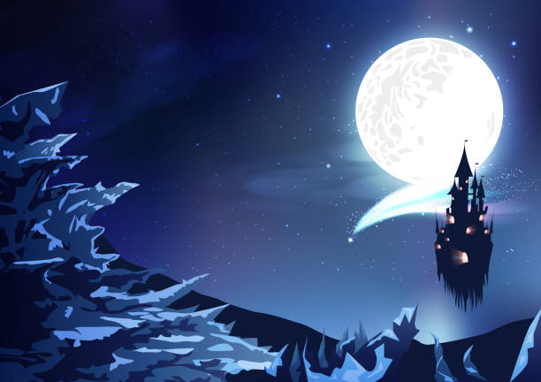 istock Mountains landscape night sky galaxy fantasy abstract background, ice panorama with comets magic cloudy sky scene with full moon, stars scatter on space concept vector illustration 1080588184