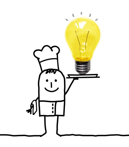 Hand drawn Cartoon Cook Chef with big Light Bulb in a Tray