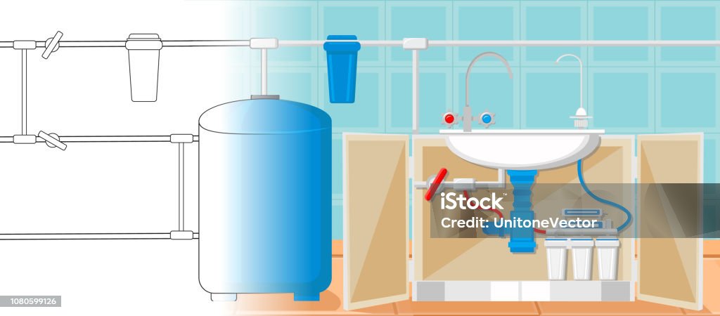 Water Treatment Industry. Water Tower. Vector. Water Tower. Water Treatment Industry. Destruction Bacteria. Water Purification System. Natural Resource. Flasks with Filters and Fluid Reservoir. Filtration Technology. Vector Flat Illustration. Water stock vector