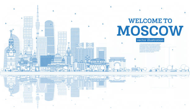 Outline Welcome to Moscow Russia Skyline with Blue Buildings and Reflections. Outline Welcome to Moscow Russia Skyline with Blue Buildings and Reflections. Vector Illustration. Business Travel and Tourism Concept with Modern Architecture. Moscow Cityscape with Landmarks. moscow stock illustrations