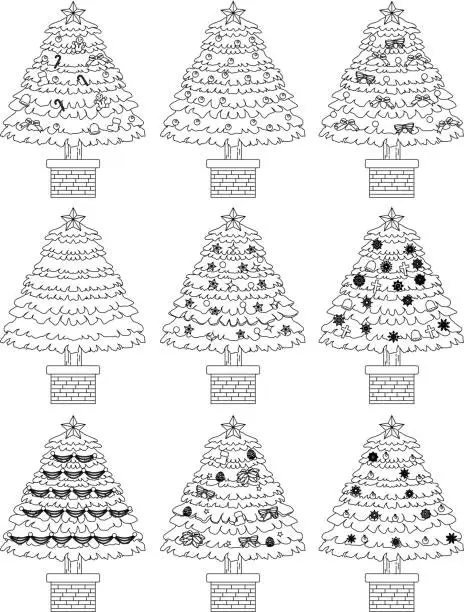Vector illustration of Luxuriously decorated Christmas tree outline set