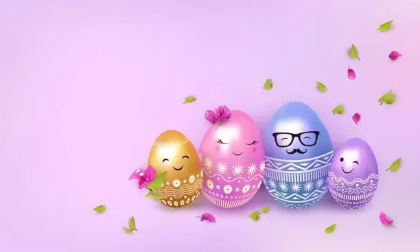 Vector illustration of Happy easter. 3d painted egg. Eggs family: father, mother and children. Flowers, leaves, petals. Cute Easter background. Copy space for text. Vector illustration