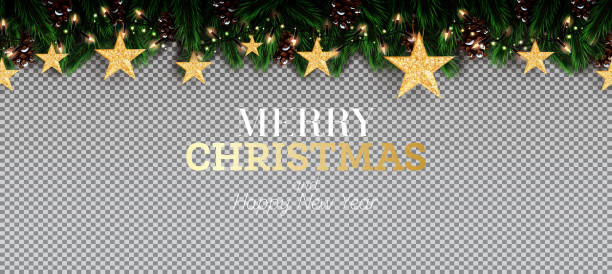 ilustrações de stock, clip art, desenhos animados e ícones de fir branch with neon lights, pine cone and golden glitter stars on transparent background. - christmas tree snow fir tree isolated