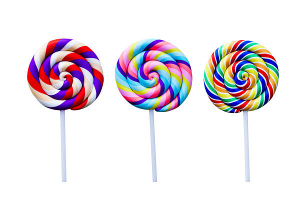 istock Three sweet spiral lollipops swirl on white background 1080615740