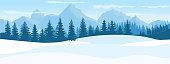 istock Horizontal Winter Landscape. Mountains fir tree forest in distant. Flat color vector Illustration. 1080622454
