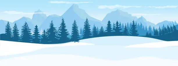 Vector illustration of Horizontal Winter Landscape. Mountains fir tree forest in distant. Flat color vector Illustration.
