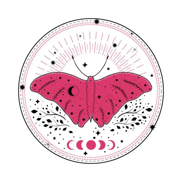 Vector illustration of Butterfly tattoo in double exposure style. Boho illustration.